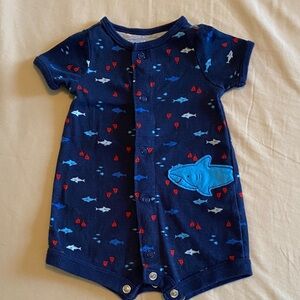 Navy Blue Shark Print Baby One Piece